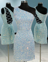 One Shoulder Tight Sky Blue Homecoming Dress
